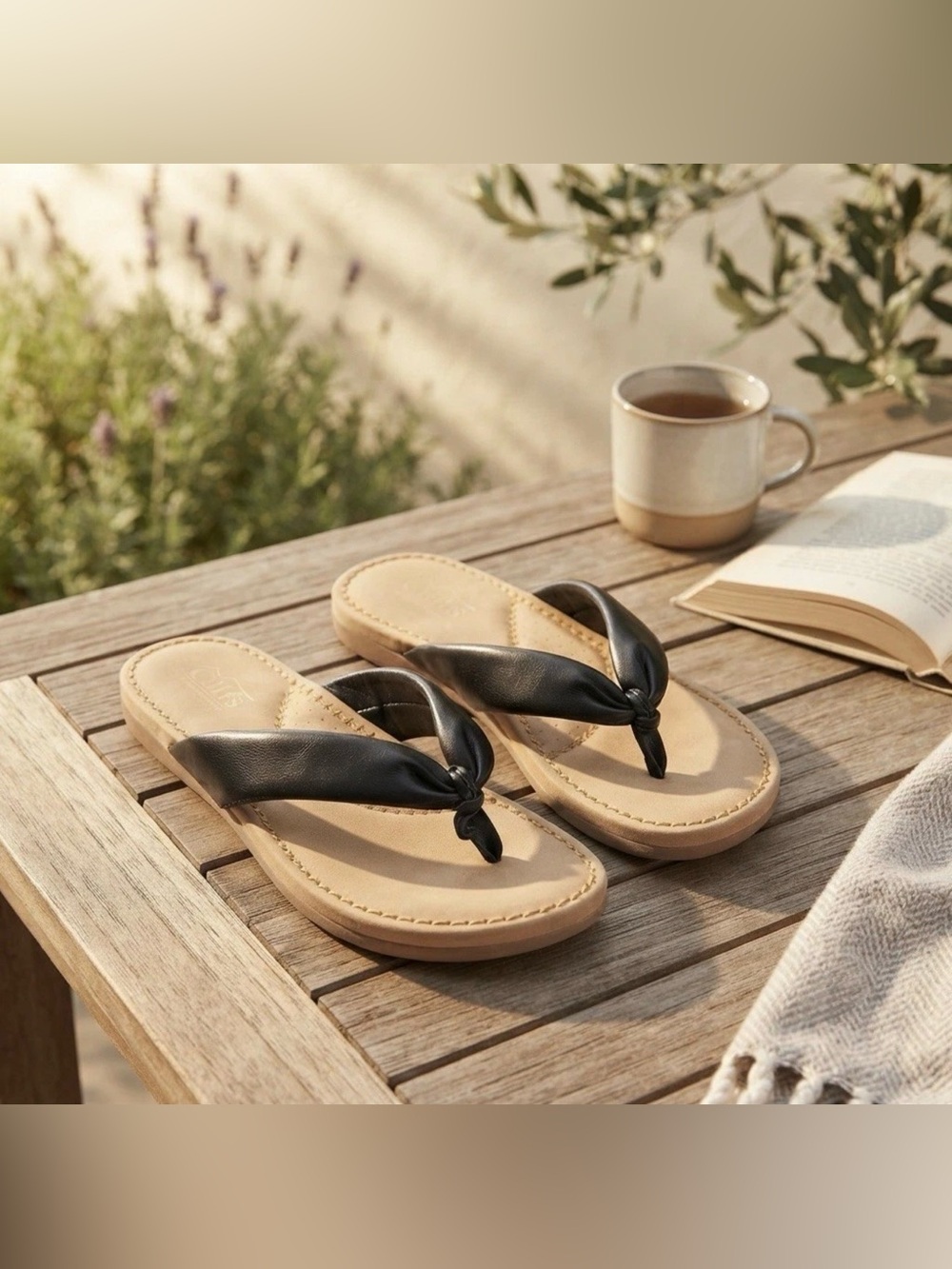 Cliffs by WHITE MOUNTAIN Black Knotted Toe-Post Sandals with Tan Footbed